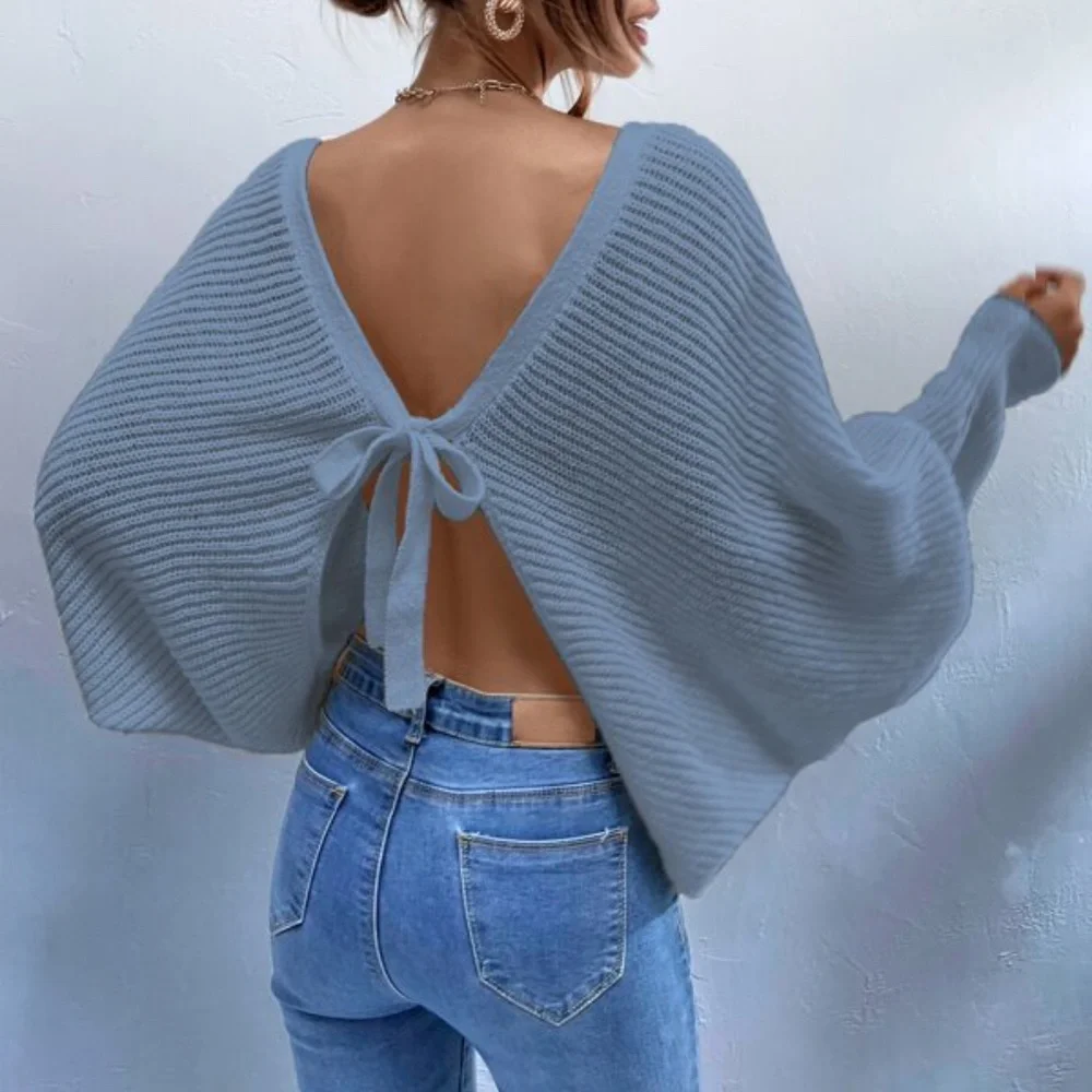 Cozy Green Open Back Knit Sweater Top Minimalist - Picture 4 of 13